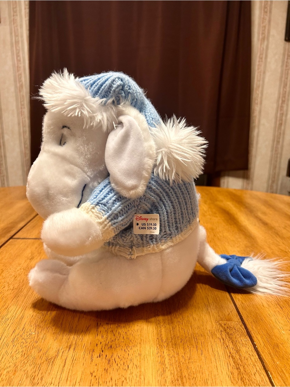 New Disney White Plush Eyore w/ Light Blue Knit Hat Matching Snowflake Sweater
